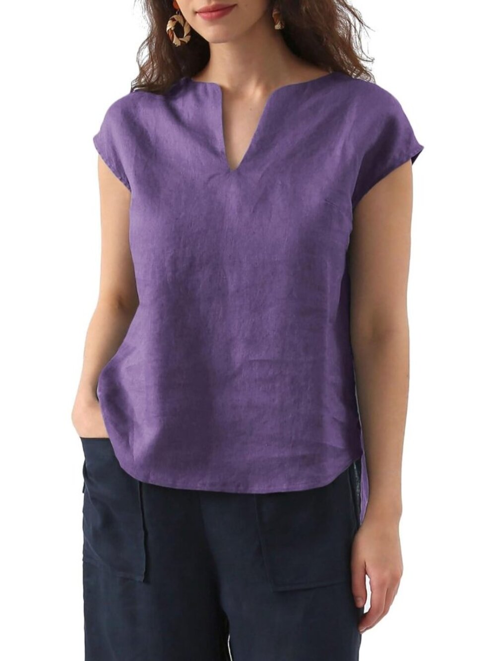 Women's 100% Linen Cap Sleeve Blouse - Lightweight, Breathable, Casual Top